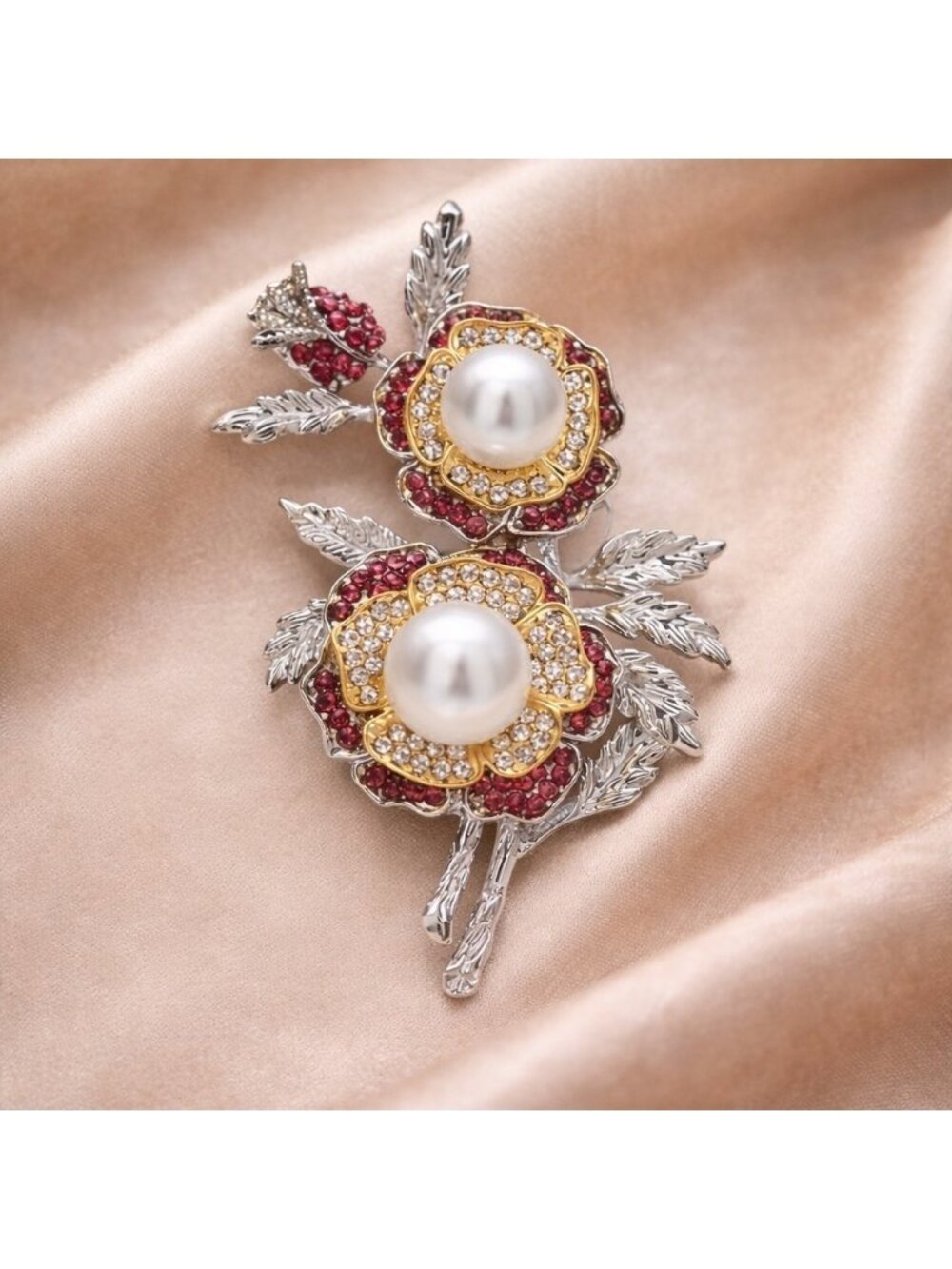 Elegant Silver Gold Floral Brooch with Pearls - Picture 2 of 4